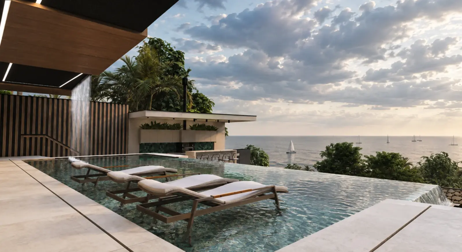 Piscina com borda infinita voltada para o mar