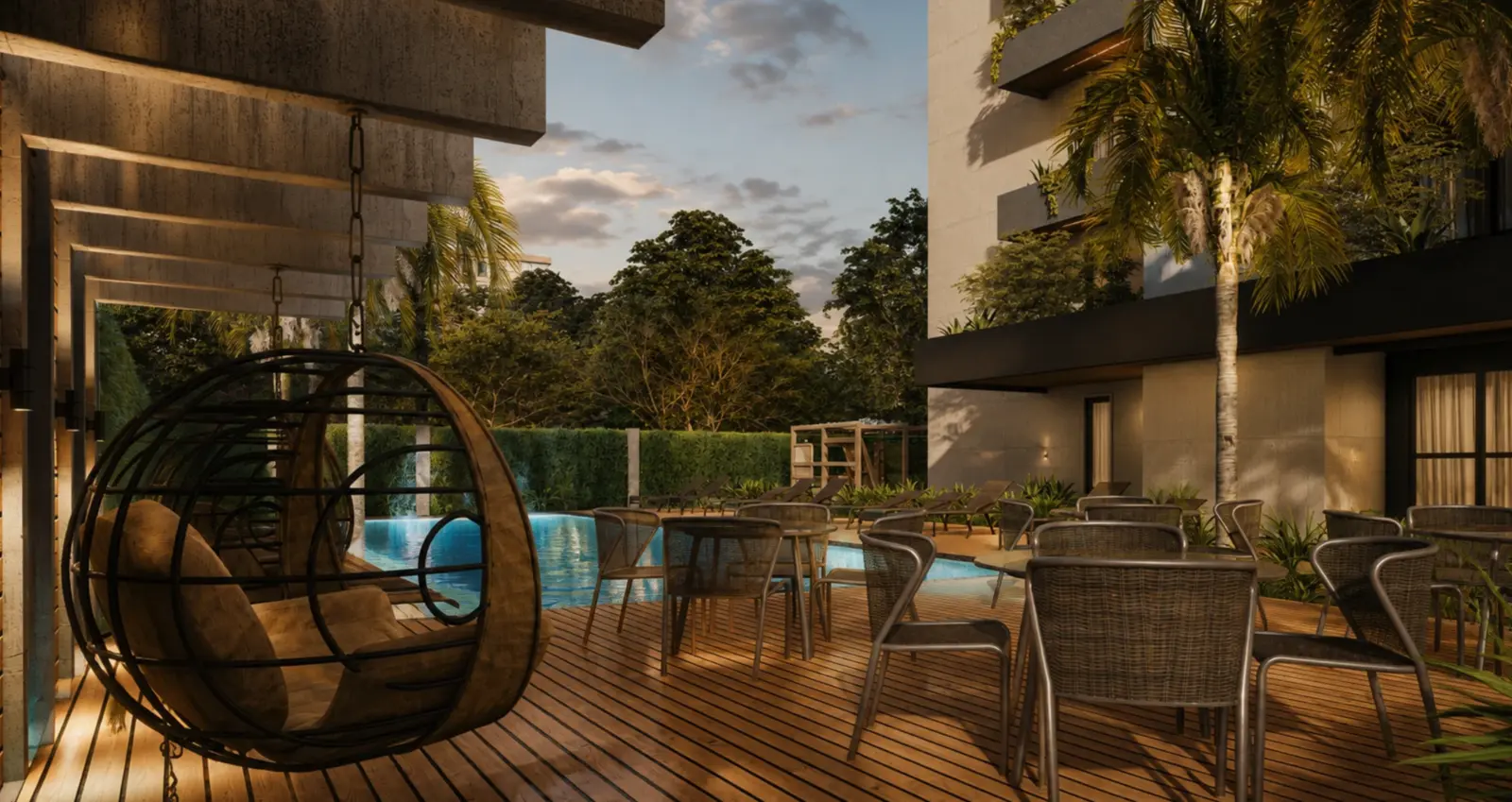 Deck de madeira com piscina e área de convivência